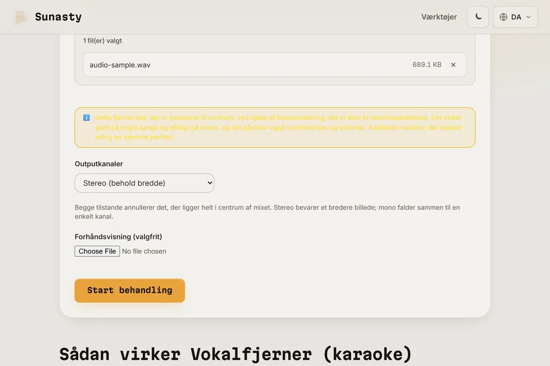 Vokalfjerneren med en stereo-MP3 indlæst og vælgeren til outputtilstand synlig