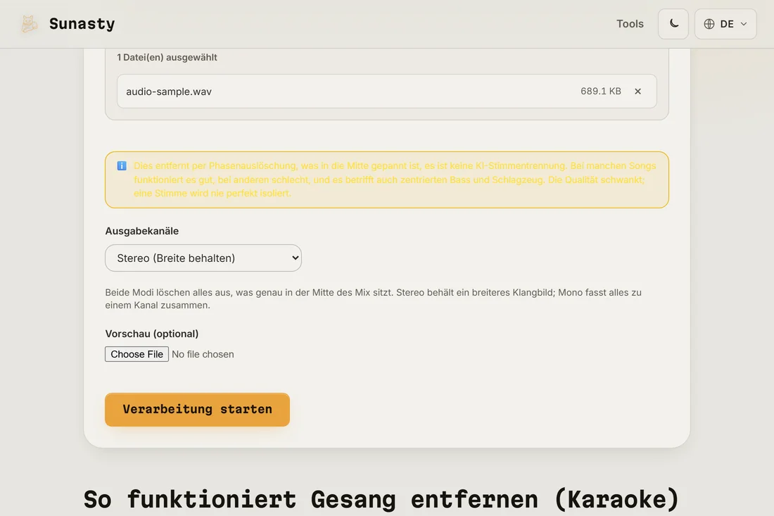 Der Gesangsentferner mit geladener Stereo-MP3 und sichtbarem Auswahlfeld für den Ausgabemodus