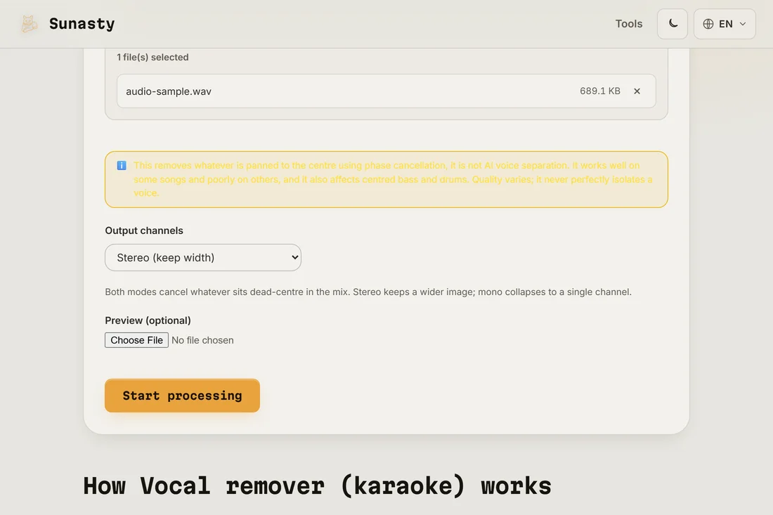 The vocal remover with a stereo MP3 loaded and the output mode selector visible