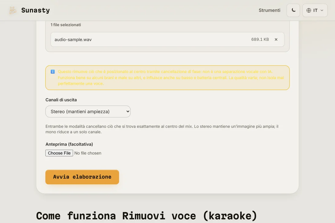 Il rimuovi voci con un MP3 stereo caricato e il selettore della modalità di uscita visibile