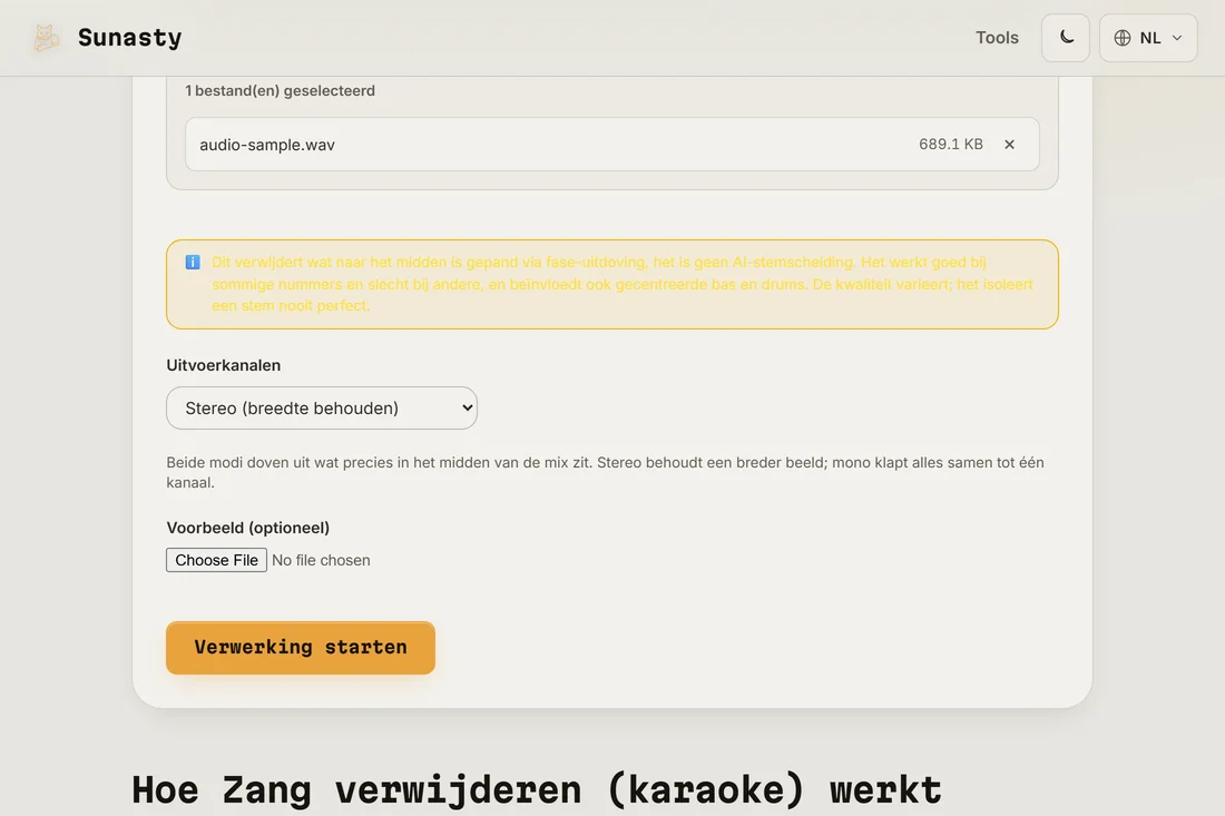 De zangverwijderaar met een stereo-MP3 geladen en de uitvoermoduskiezer zichtbaar
