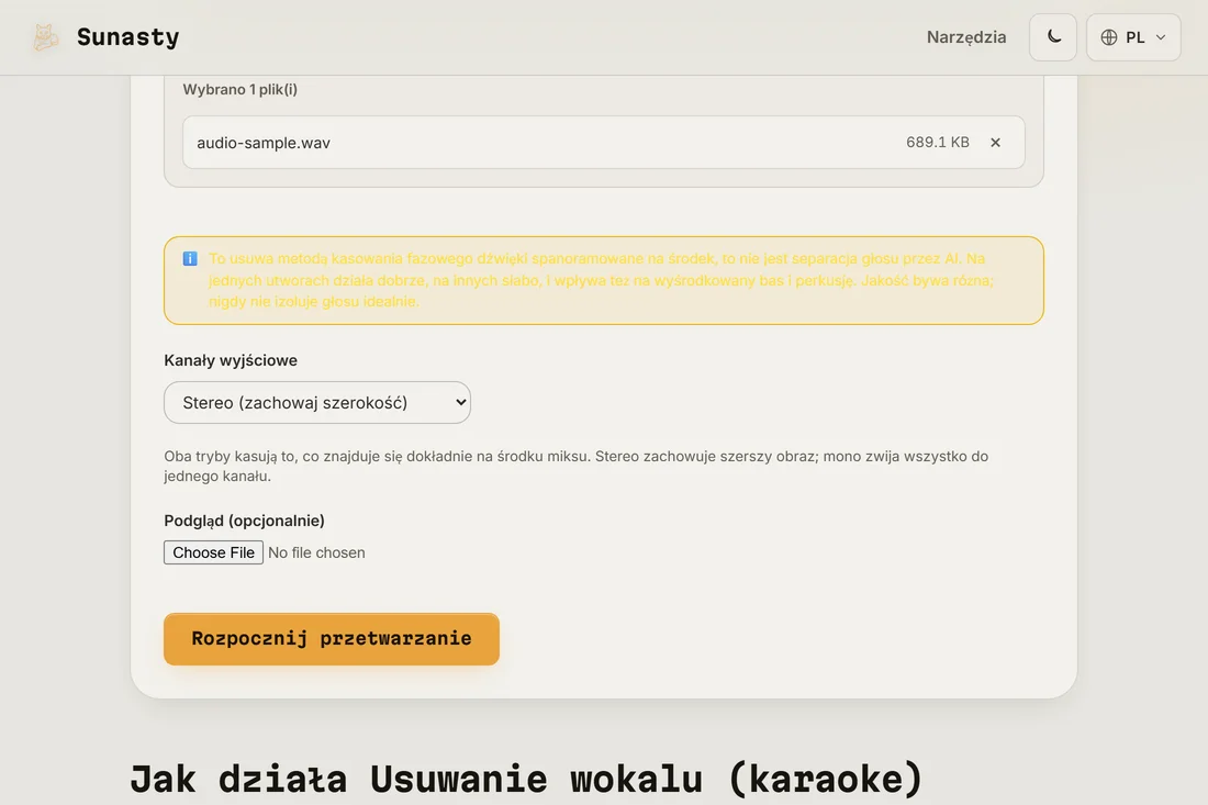 Narzędzie do usuwania wokalu z wczytanym plikiem MP3 stereo i widocznym selektorem trybu wyjściowego