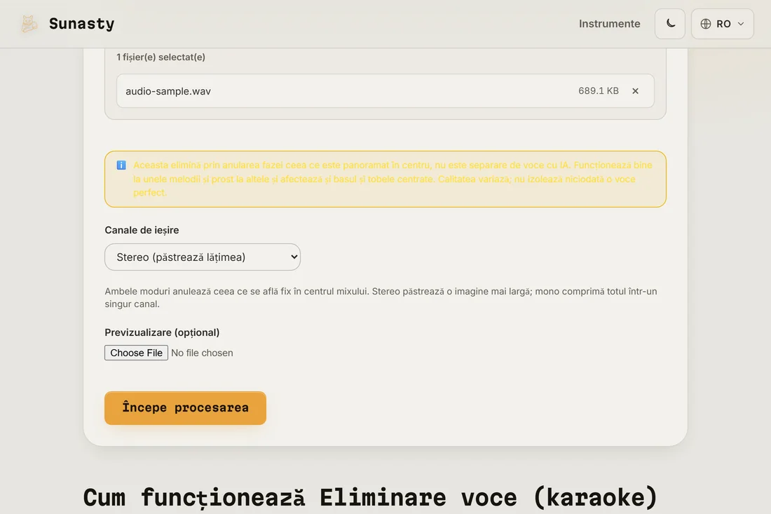 Instrumentul de eliminare a vocii cu un MP3 stereo incarcat si selectorul de mod de iesire vizibil