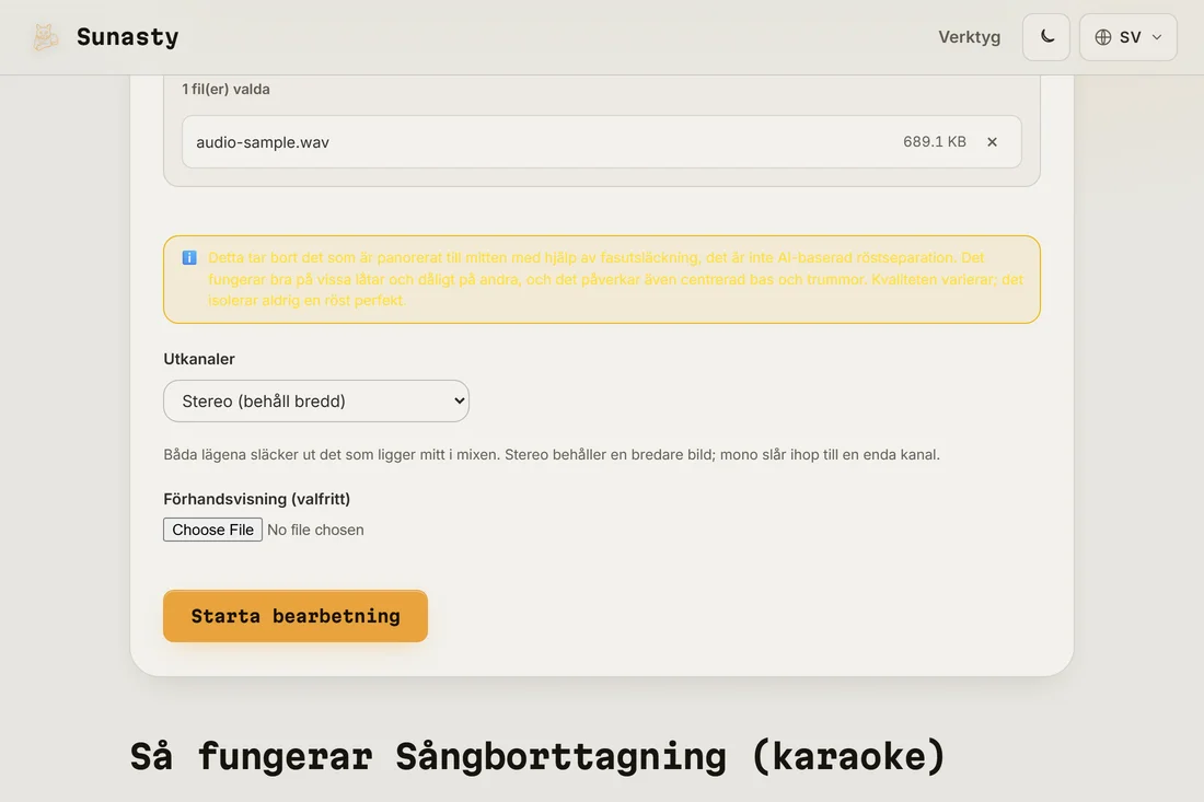Sångborttagaren med en stereo-MP3 inläst och väljaren för utdataläge synlig