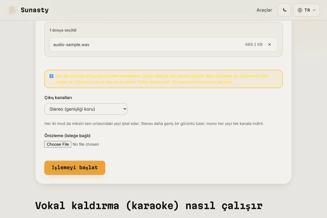 Stereo bir MP3 yüklenmiş ve çıktı modu seçici görünür durumdaki vokal kaldırıcı
