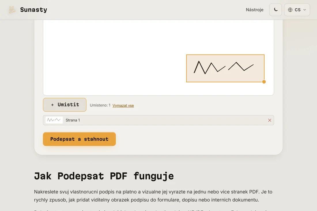 Podpis umístěný na stránce PDF, připravený ke stažení