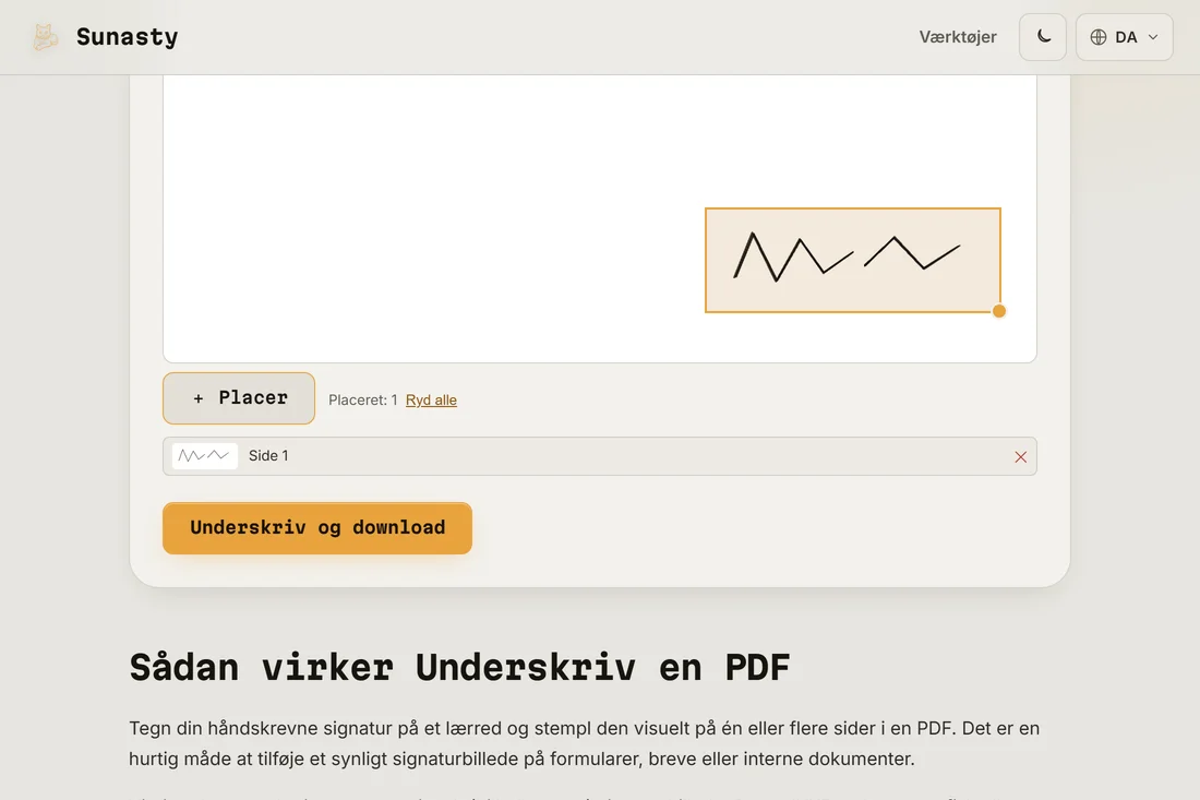 Underskriften placeret på PDF-siden, klar til download