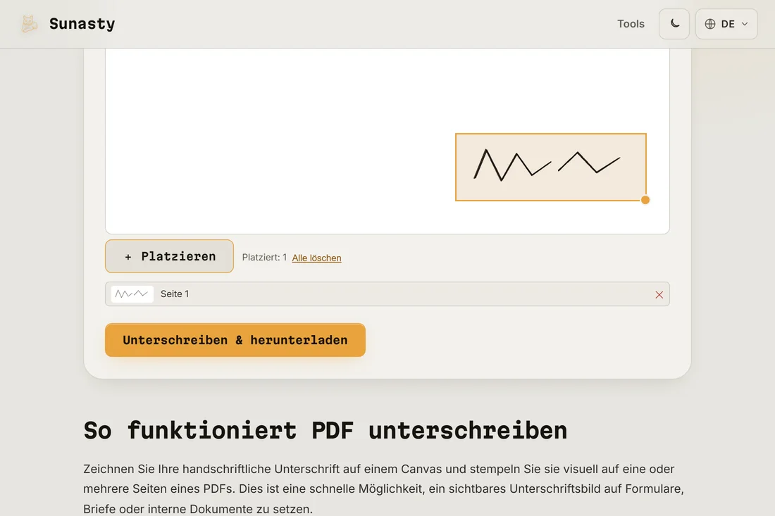 Die auf der PDF-Seite platzierte Unterschrift, bereit zum Herunterladen