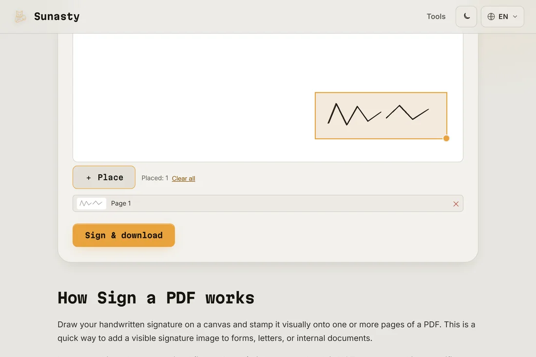 The signature placed on the PDF page, ready to download