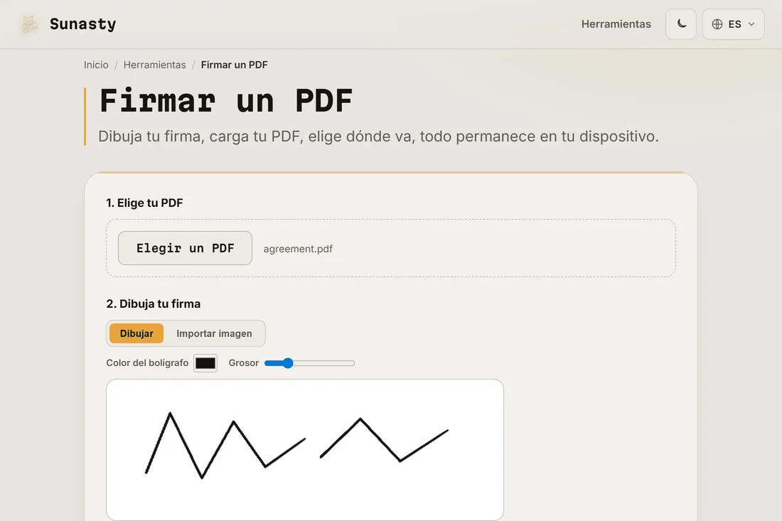 La herramienta de firma con una firma manuscrita dibujada en el panel