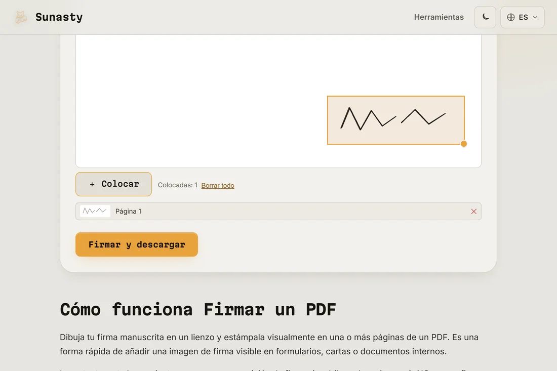 La firma colocada en la página del PDF, lista para descargar