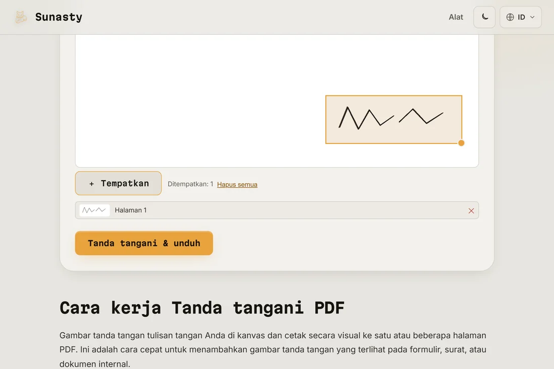 Tanda tangan ditempatkan di halaman PDF, siap diunduh