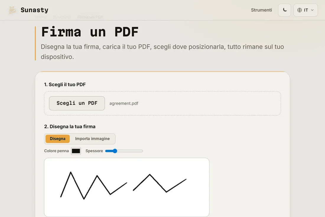 Lo strumento di firma con una firma autografa disegnata sul riquadro