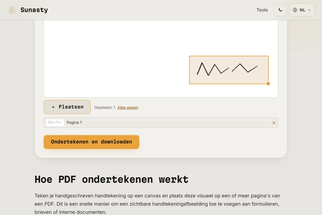 De handtekening geplaatst op de PDF-pagina, klaar om te downloaden