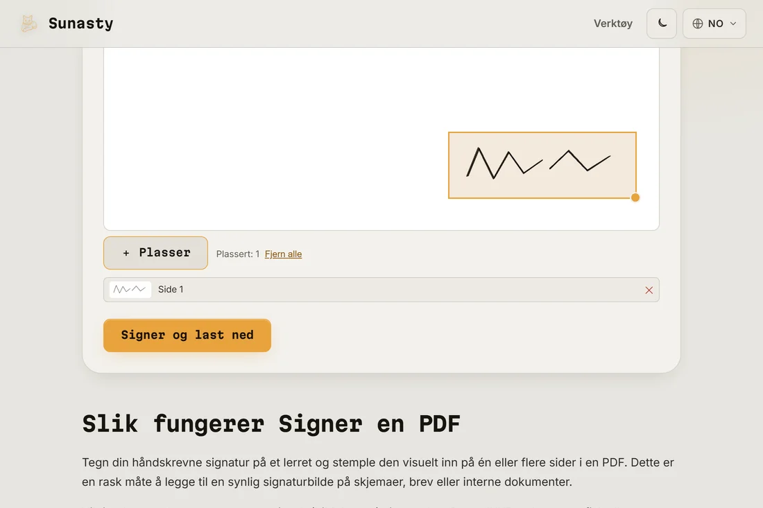 Signaturen plassert på PDF-siden, klar til nedlasting