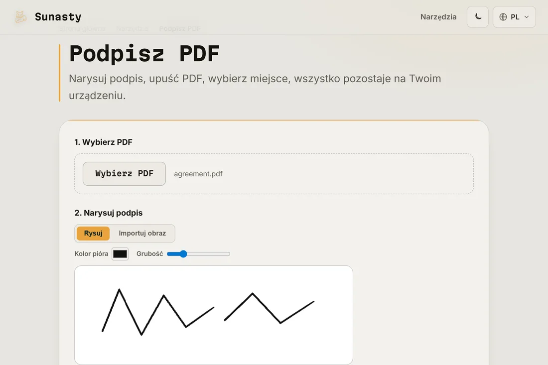 Narzędzie do podpisywania z odręcznym podpisem narysowanym na polu