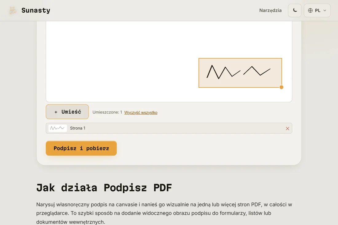 Podpis umieszczony na stronie PDF, gotowy do pobrania