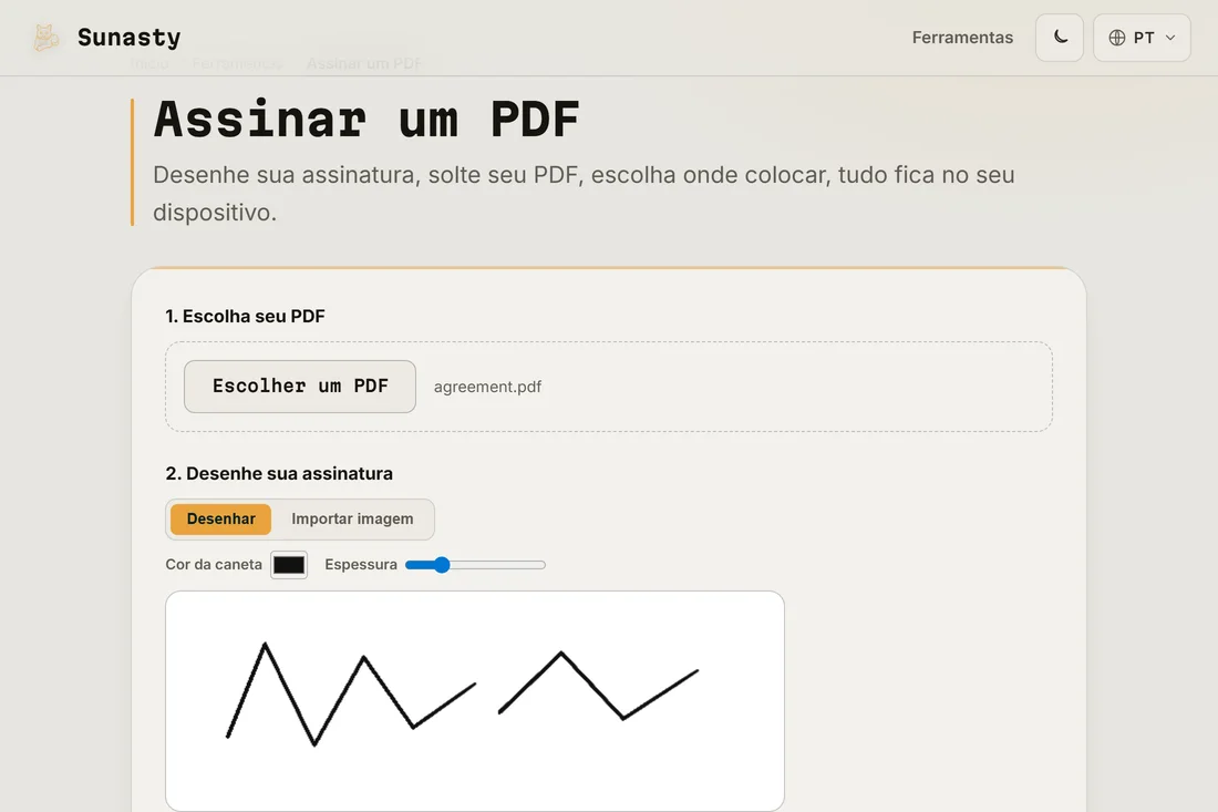 A ferramenta de assinatura com uma assinatura manuscrita desenhada no painel