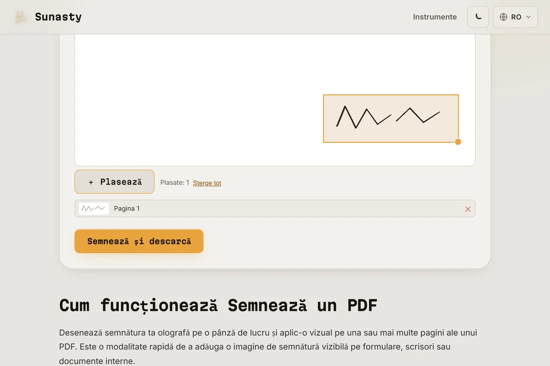 Semnătura plasată pe pagina PDF, gata de descărcat