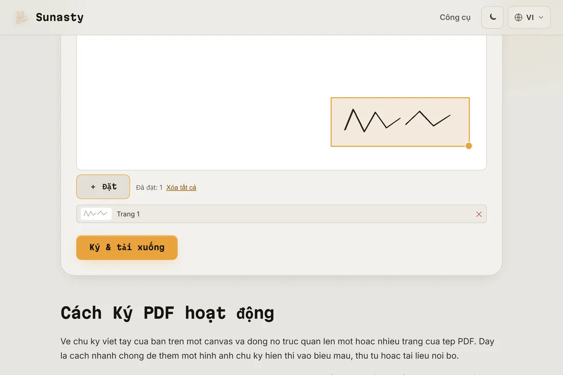 Chữ ký đã được đặt lên trang PDF, sẵn sàng tải xuống