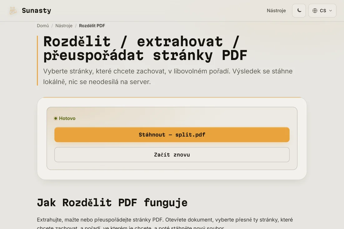 Výsledek rozdělení připravený ke stažení s uvedeným počtem extrahovaných stránek