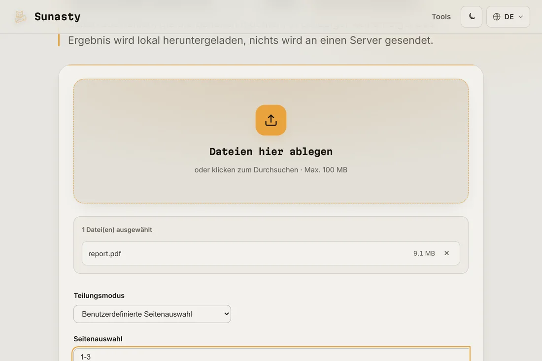 Das PDF-Teilwerkzeug mit einer geladenen mehrseitigen Datei und einem eingegebenen Seitenbereich