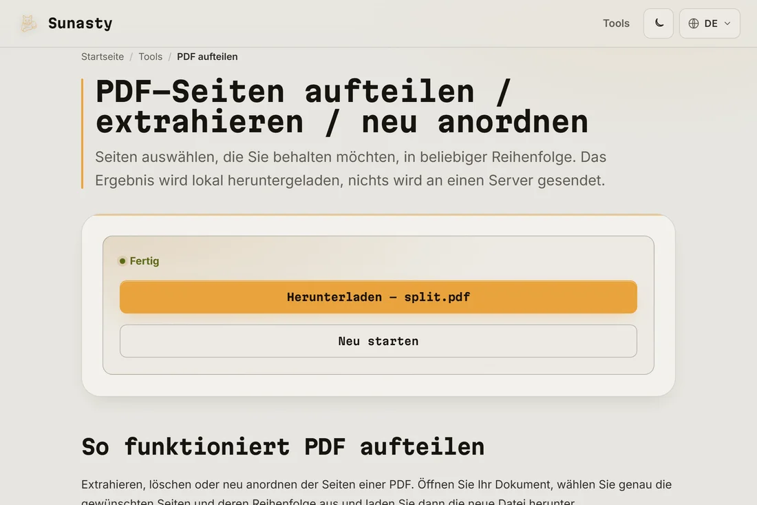 Das Teilergebnis bereit zum Download, mit der Anzahl der extrahierten Seiten