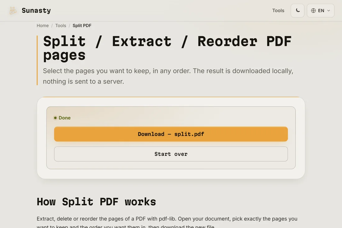 The split result ready to download, showing the extracted page count