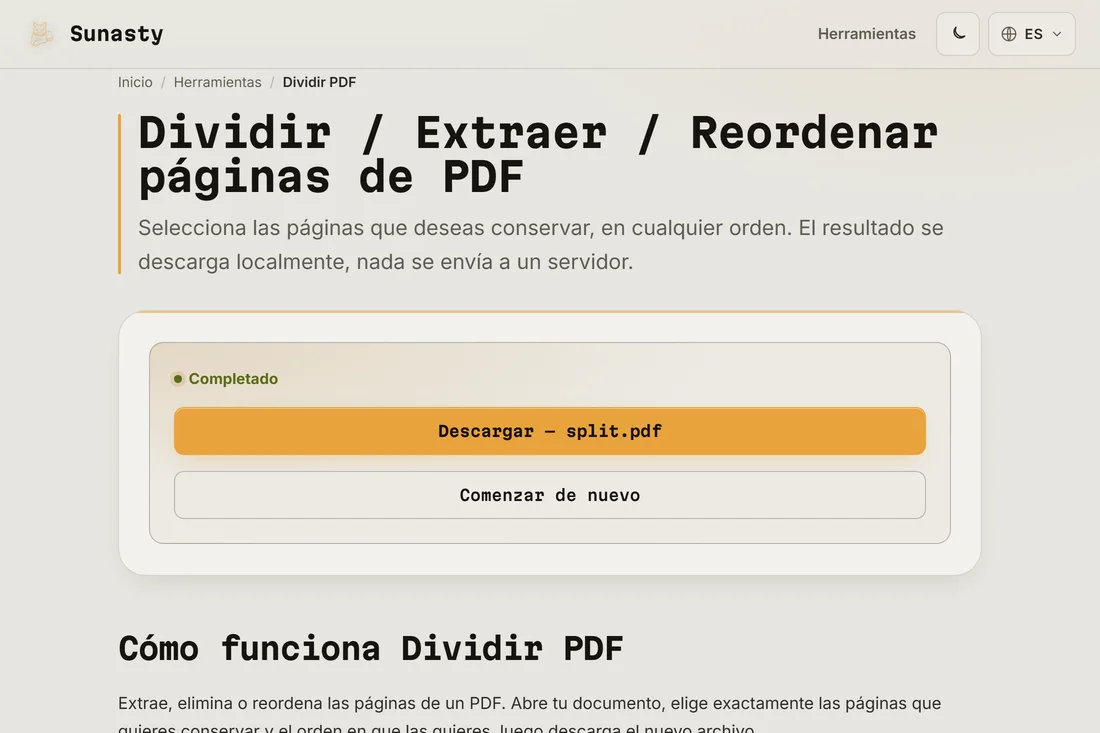 El resultado de la división listo para descargar, mostrando el número de páginas extraídas