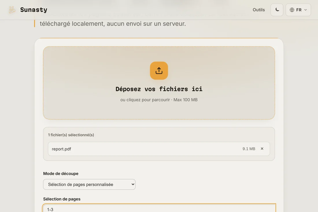 L'outil de division PDF avec un fichier multi-pages chargé et une plage de pages saisie