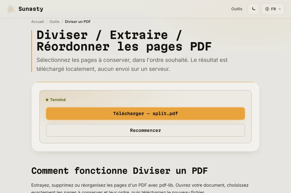 Le résultat de la division prêt au téléchargement, indiquant le nombre de pages extraites