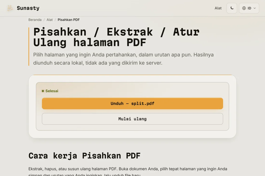 Hasil pemisahan siap diunduh, menampilkan jumlah halaman yang diambil