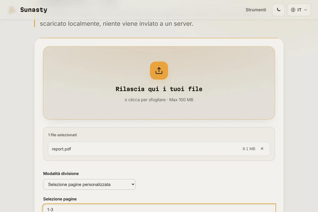 Lo strumento di divisione PDF con un file a più pagine caricato e un intervallo di pagine inserito