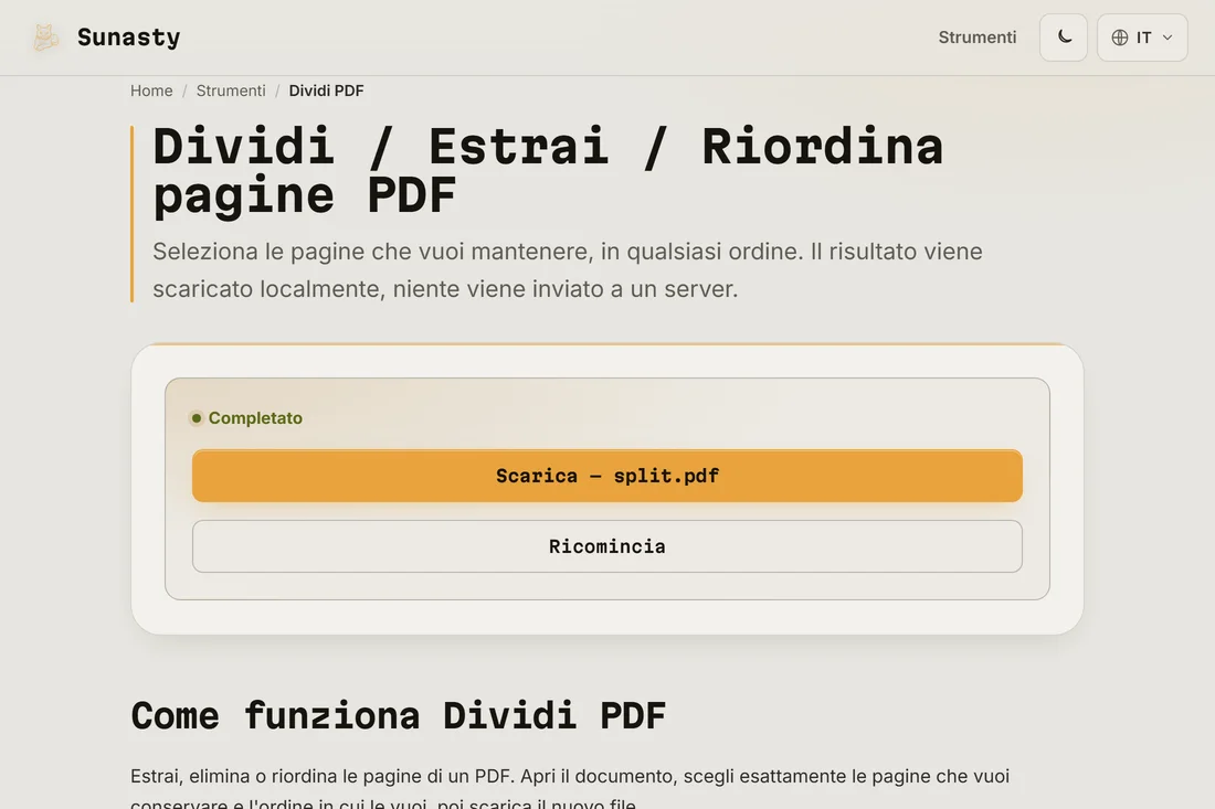 Il risultato della divisione pronto per il download, con il conteggio delle pagine estratte