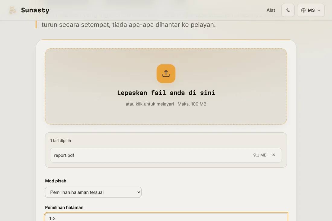 Alat pemisah PDF dengan fail berbilang halaman dimuatkan dan julat halaman dimasukkan