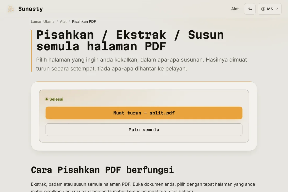 Hasil pemisahan sedia untuk dimuat turun, menunjukkan bilangan halaman yang diekstrak