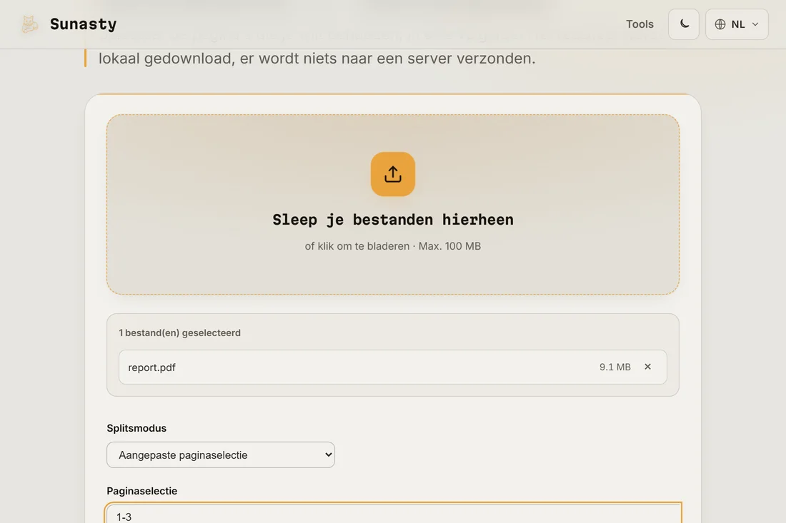 De PDF-splitser met een bestand van meerdere pagina's geladen en een paginabereik ingevuld