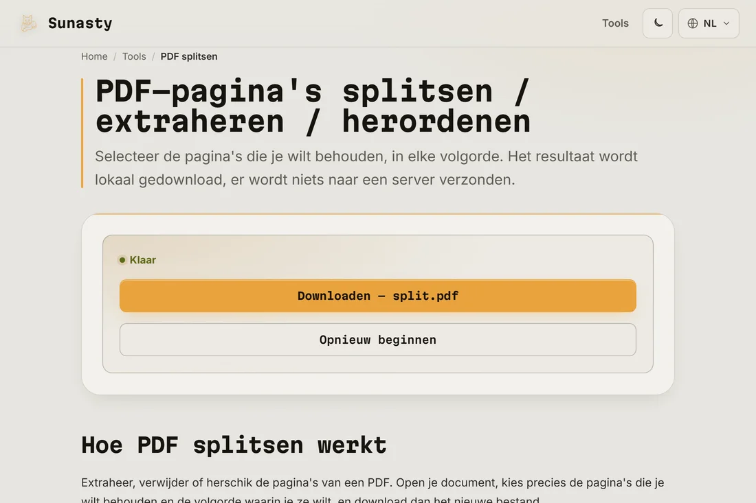 Het splitsresultaat klaar om te downloaden, met het aantal eruit gehaalde pagina's