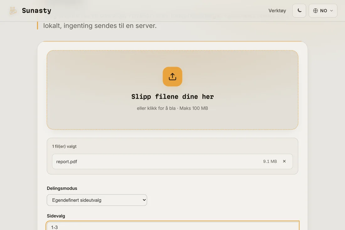 PDF-delingsverktøyet med en fil på flere sider lastet inn og et sideområde skrevet inn