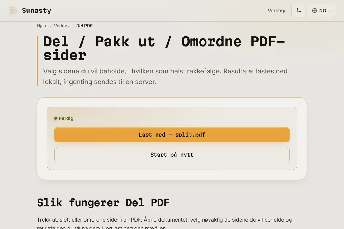 Delingsresultatet klart til nedlasting, med antall uthentede sider vist