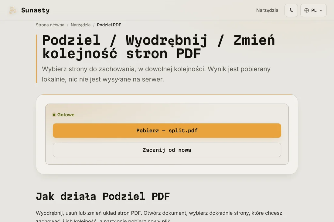 Wynik podziału gotowy do pobrania, z widoczną liczbą wyodrębnionych stron