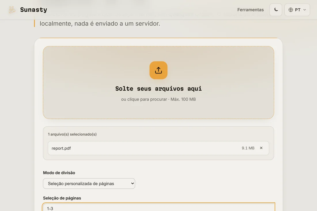 O divisor de PDF com um arquivo de várias páginas carregado e um intervalo de páginas informado