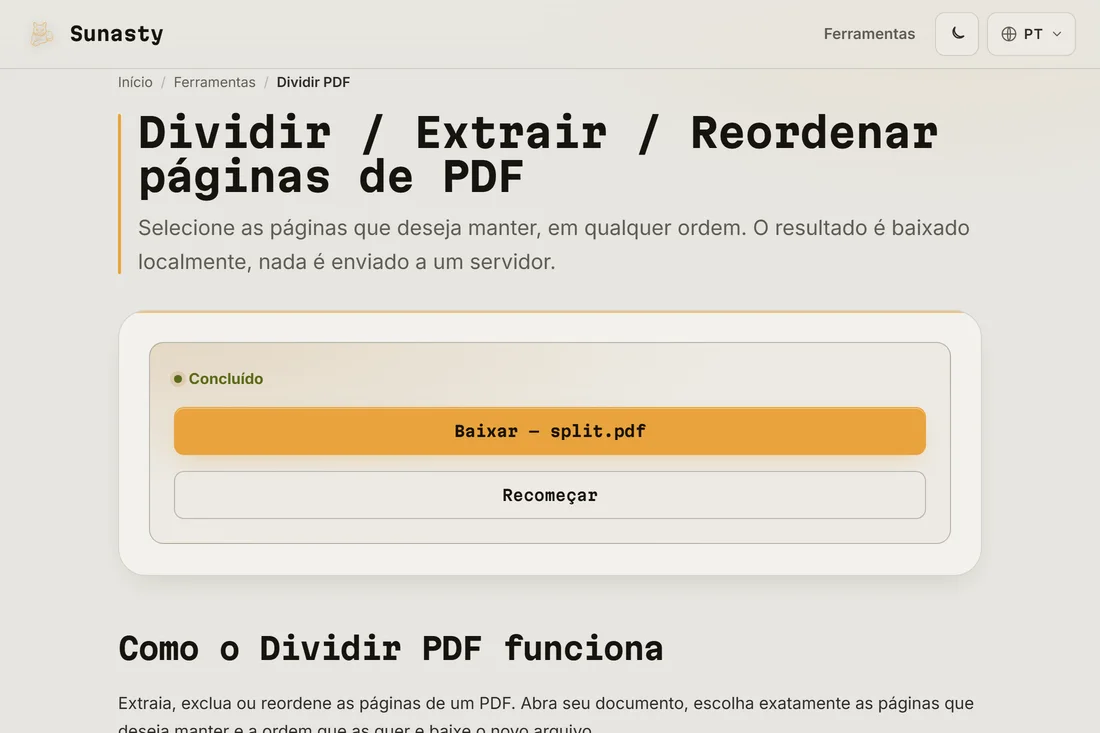 O resultado da divisão pronto para download, indicando o número de páginas extraídas