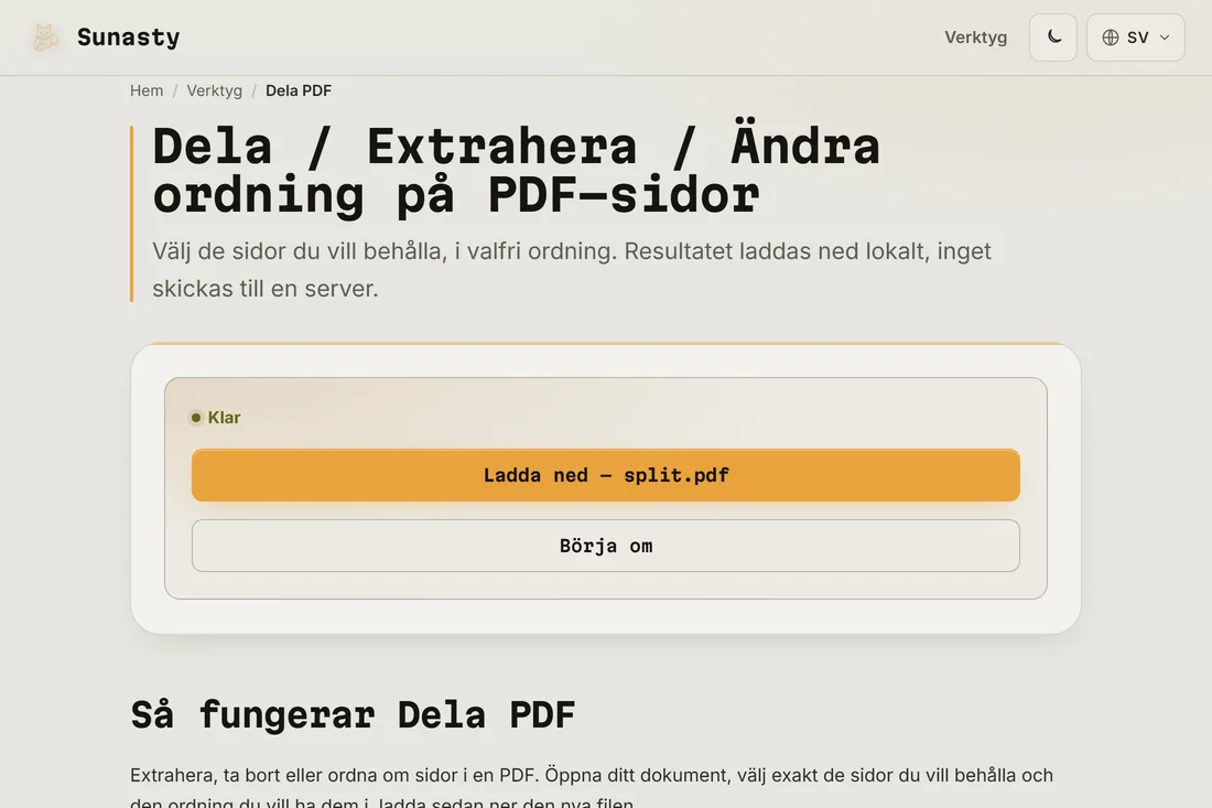 Delningsresultatet redo att laddas ner, med antalet extraherade sidor angivet