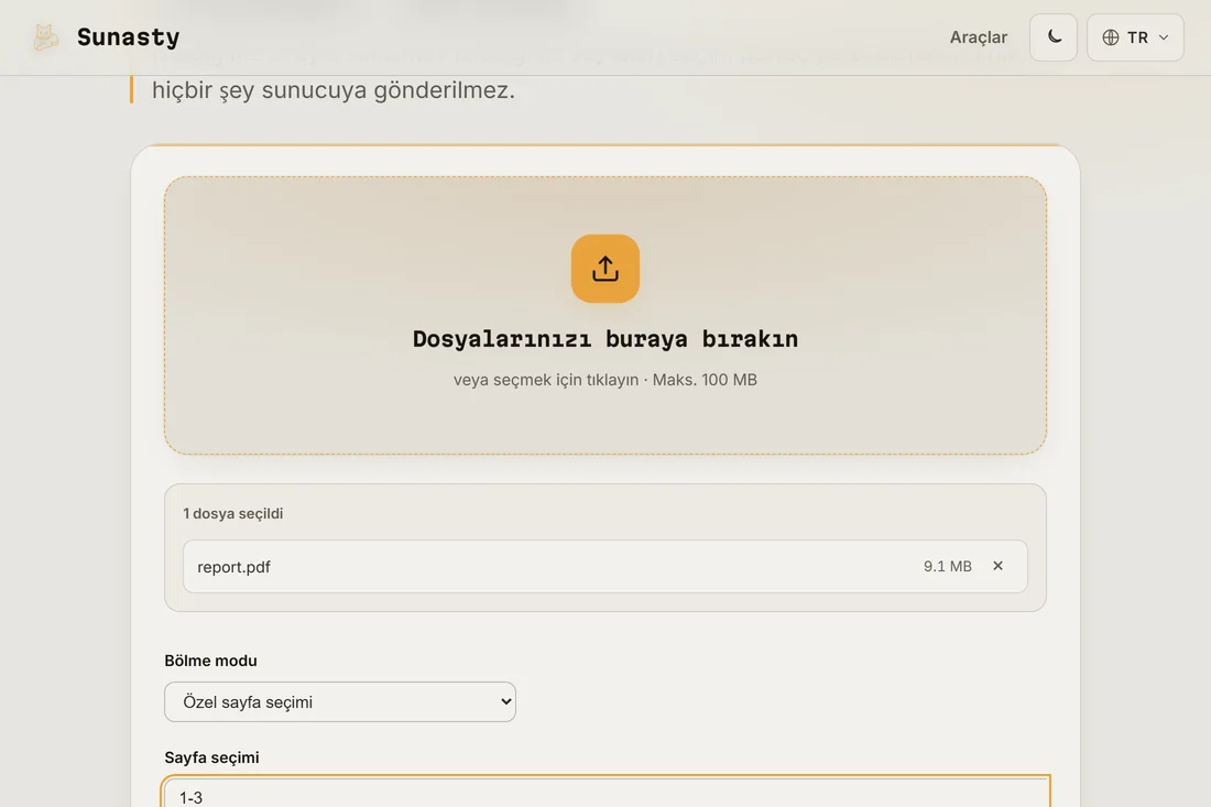 Çok sayfalı bir dosya yüklenmiş ve bir sayfa aralığı girilmiş PDF bölme aracı