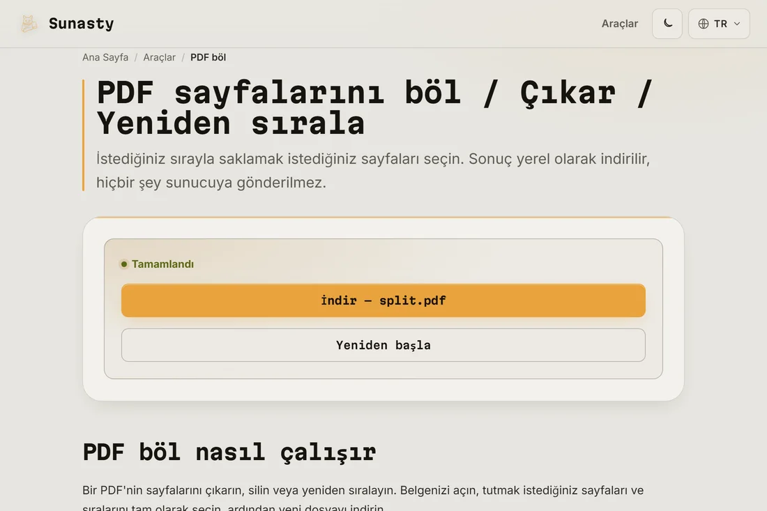 İndirilmeye hazır bölme sonucu, çıkarılan sayfa sayısını gösteriyor
