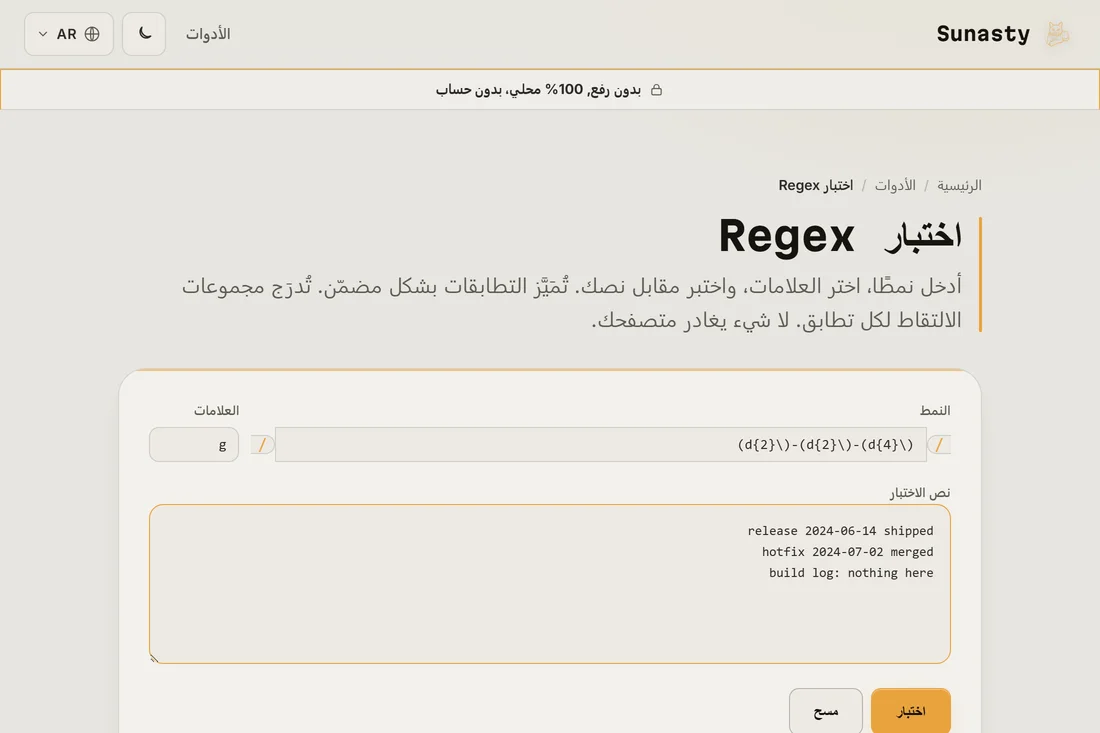 نمط تعبير نمطي وسلسلة أعلام مُدخَلان في الأداة، مع نص تجريبي ملصوق في المربع أدناه