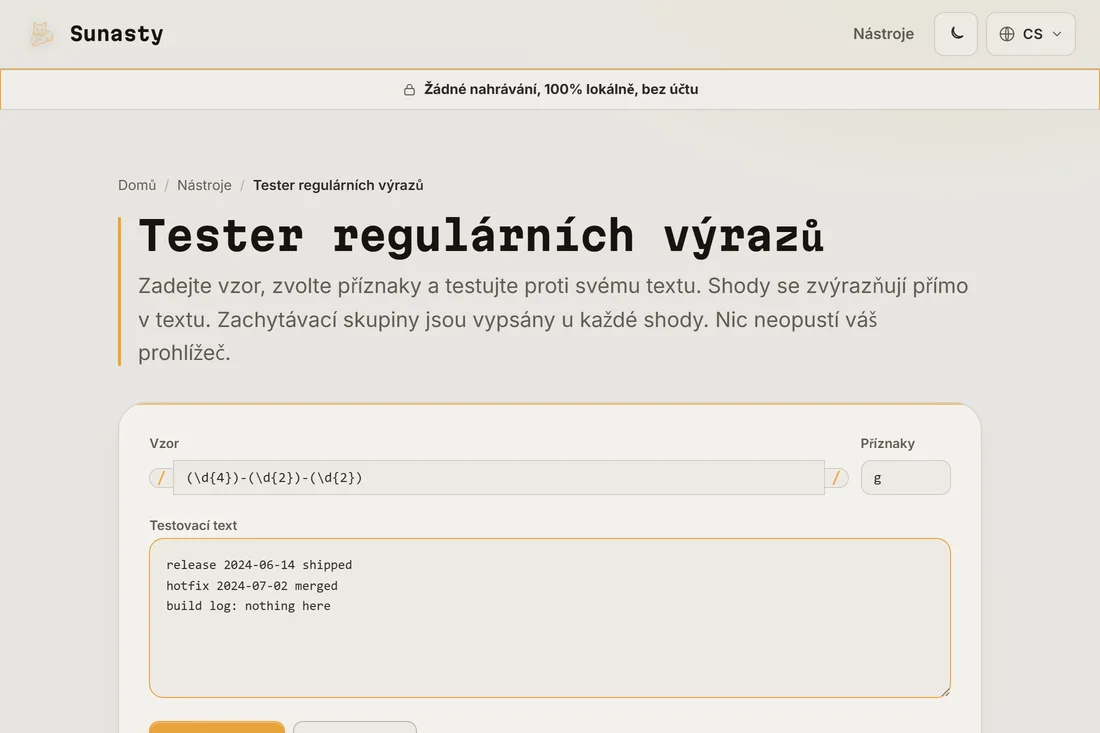 Vzor regexu a řetězec příznaků zadané v testeru, s ukázkovým textem vloženým do pole níže