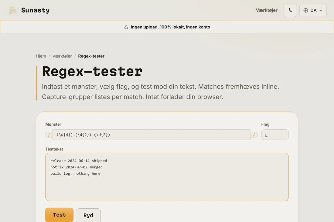 Et regex-mønster og en flagstreng indtastet i testeren, med eksempeltekst indsat i boksen nedenfor
