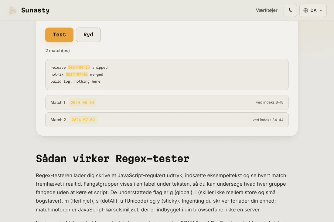 Testresultatet: match fremhævet i teksten og en liste, der viser hver matchposition og dens fangstgrupper